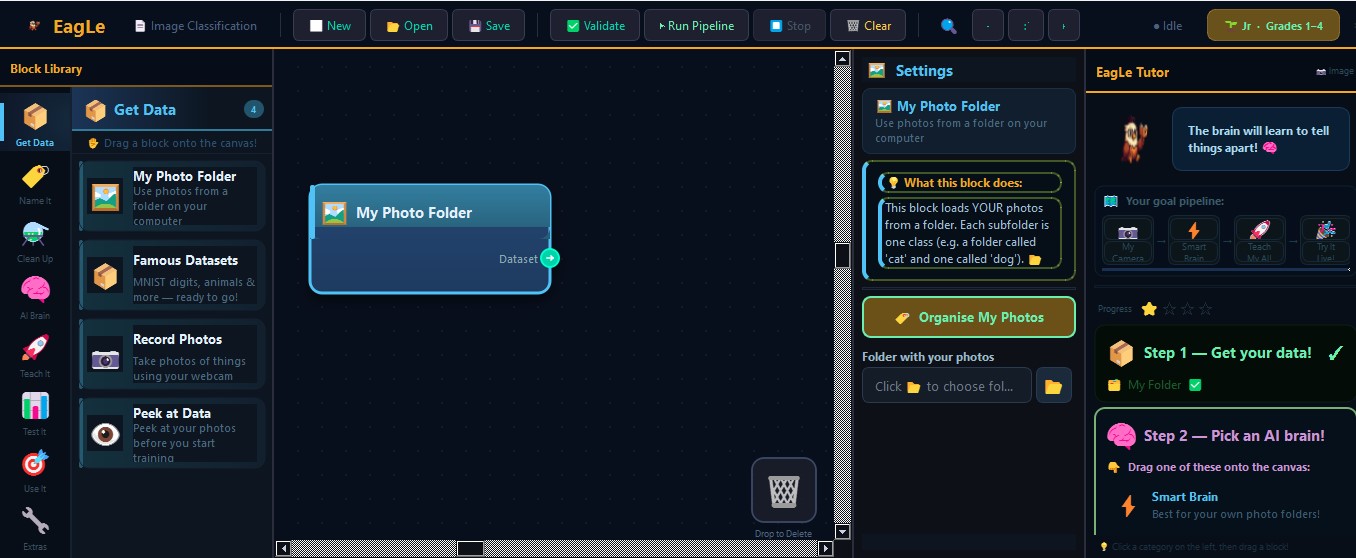 EagLe Junior — Image classification project with block library and AI Tutor guidance panel