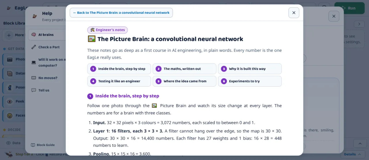 Engineer's notes for the Picture Brain: following one photo through the network, 32 by 32 pixels by 3 colours is 3,072 numbers, layer one has 16 filters of 3 by 3 by 3.