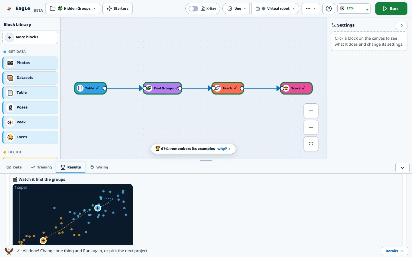 Find Groups result card in Maker: flower measurements as dots on two axes, and the group centres moving round by round.