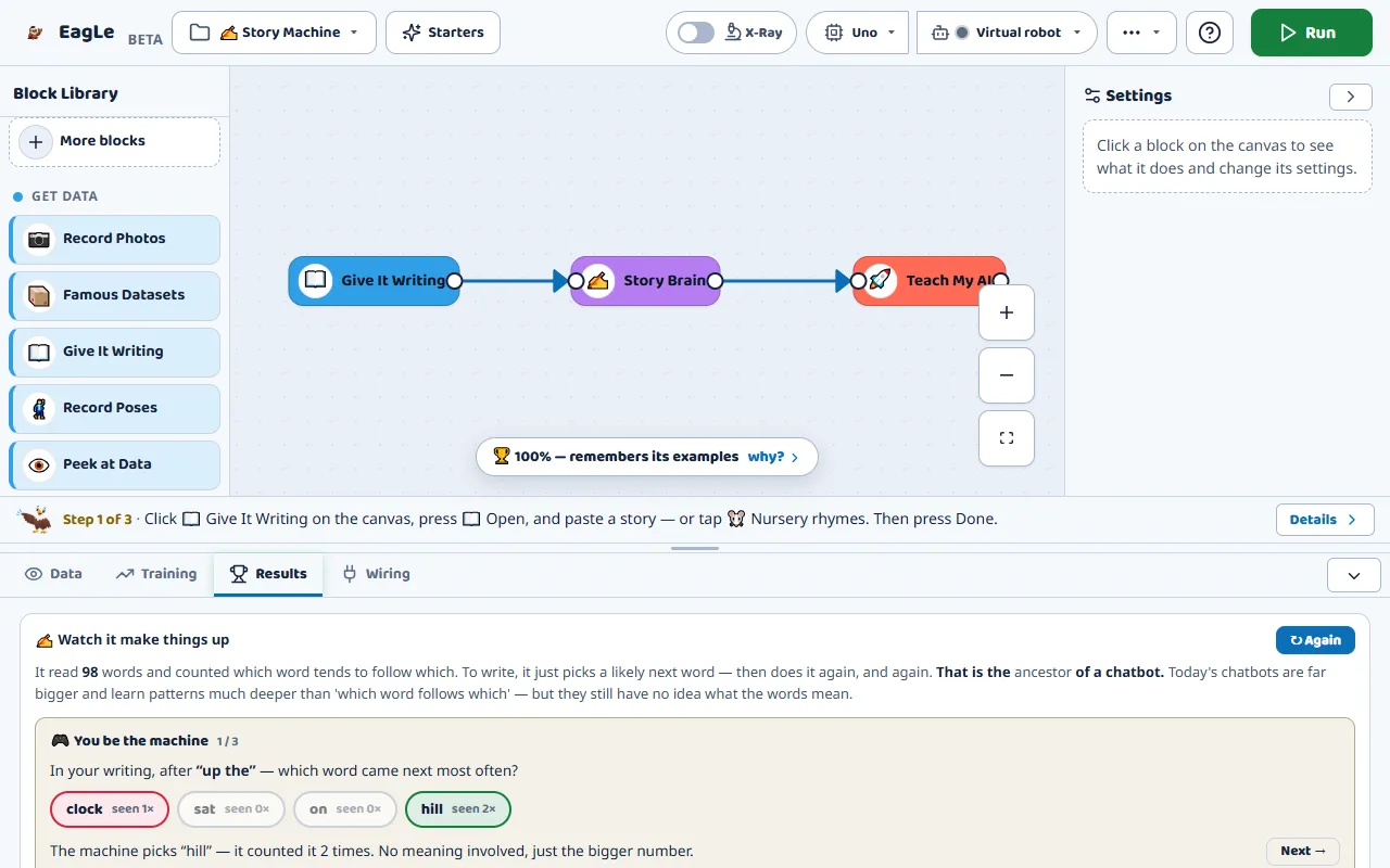 The Story Machine results in Maker: it read 98 words and counted which word follows which; You be the machine asks which word most often came after up the, and the machine picks hill because it counted it twice.