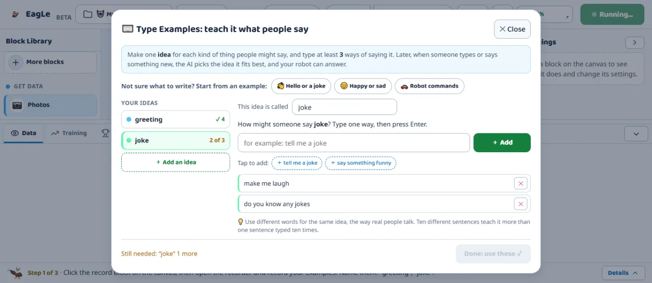 Type Examples in Maker: two ideas, greeting with four sentences and joke with two of three, ready-made example sets, tap-to-add suggestions, and a tip that ten different sentences teach more than one sentence typed ten times.