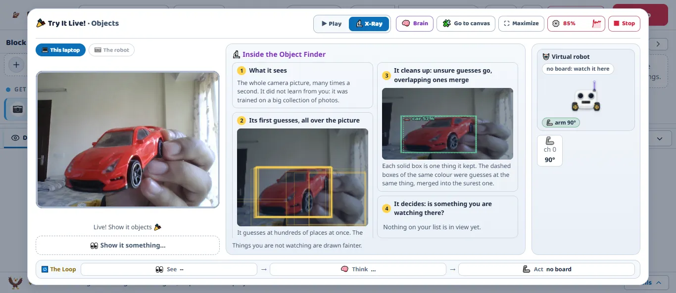 Object Finder X-Ray in Maker: hundreds of first guesses drawn over a toy car, then the clean-up that keeps one box, labelled car.