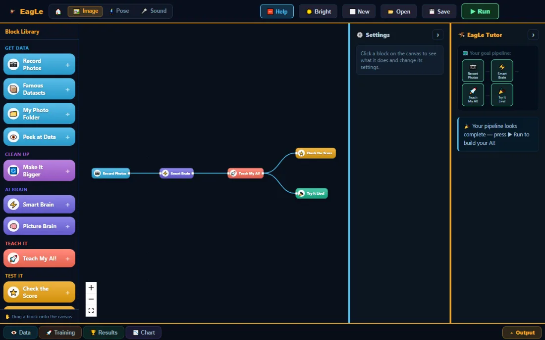 The Junior editor: Record Photos, Smart Brain and Teach My AI joined in a line that splits to Check the Score and Try It Live, with the tutor saying the pipeline looks complete.