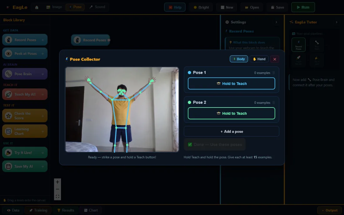The Pose Collector in Junior: a person with arms raised and the body skeleton drawn over them, beside two poses being taught.
