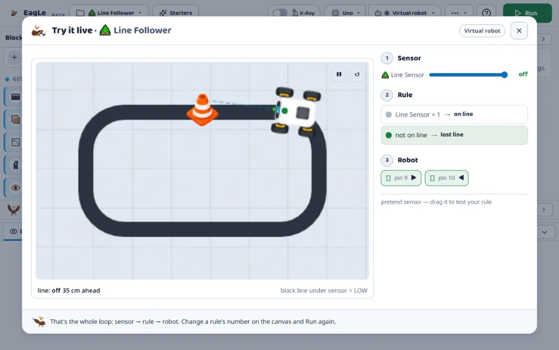 Maker's Line Follower in Try It Live: a virtual robot car on a black loop track, beside its sensor, its two rules and its two motor pins.