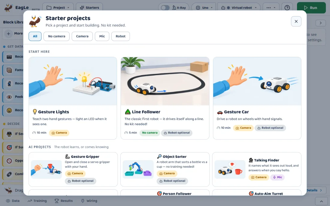 The Starter projects window in Maker: Gesture Lights, Line Follower and Gesture Car at the top, then AI projects such as Gesture Gripper, Object Sorter and Talking Finder, each with its time and what it needs.
