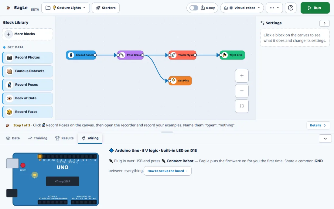 The Maker canvas for Gesture Lights: Record Poses, Pose Brain, Teach My AI and Try It Live in a line, with a branch to Set Pins, and the Wiring tab below showing an Arduino Uno with its built-in LED on pin 13.